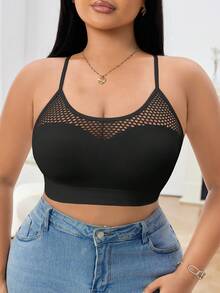 1pc Plus Size Seamless Mesh Hollow Out Breathable Women's Bra And Underwear, Comfortable Backless Seamless Plus Size Bra And Camisole - Black - View 5