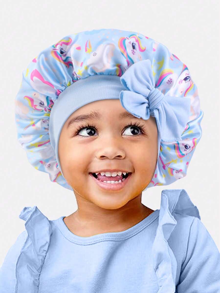 1 pieza Sombrero redondo de satén con cinta elástica estampada para niños, adecuado para uso diario - Unicornio azul claro - Ver 1