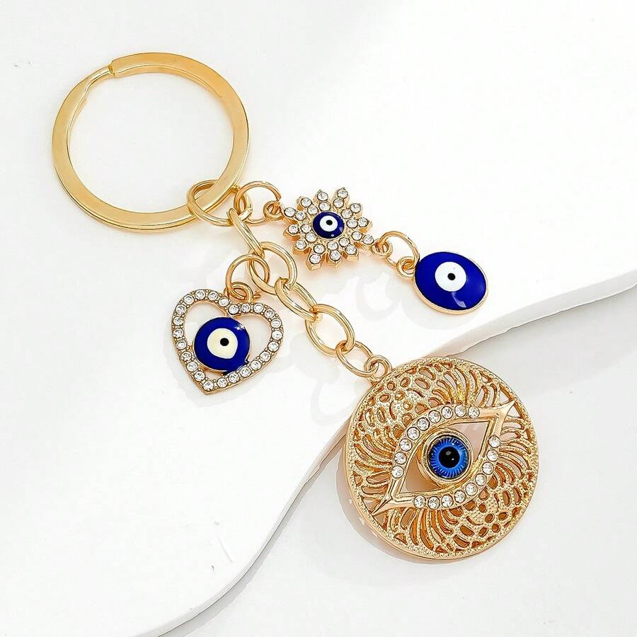 1pc Sparkling Rhinestone Blue Evil Eye Tassel Heart Keychain Turkish Style Accessory Bag Charm - Multicolor - View 1