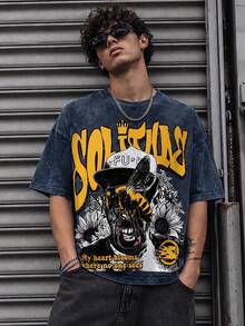 Unisex Retro Acid Wash T-Shirt 100% Pure Cotton Graphic Tee Y2K Grunge Streetwear Bee Flower Print Casual Loose Short Sleeve Shirt - 寶藍色 - 查看 2