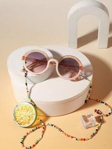 1 Set 1pc Kids 5-9 Years Old Glitter Round Frame Fashion Glasses, Lightweight PC Frame Gradient Lenses, Comes With 1 Cute Glasses Chain, Suitable For Beach Party, With Glasses Case - Multicolor - View 3