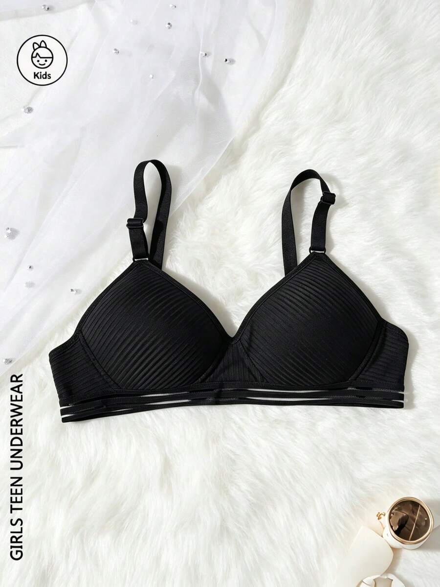 1Pc Teen Girl Ribbing Bra, Ribbon, Black, Comfortable For Girls Aged 13-16Y. - Black - View 1