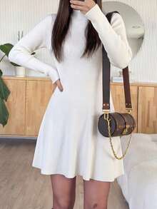 Unadoll Women's White Ribbed Knit Mini Dress, Elegant Small Stand Collar Long Sleeve Flared Hem Sweater Dress, Suitable For Date Night And Back To School Season - Apricot - View 2