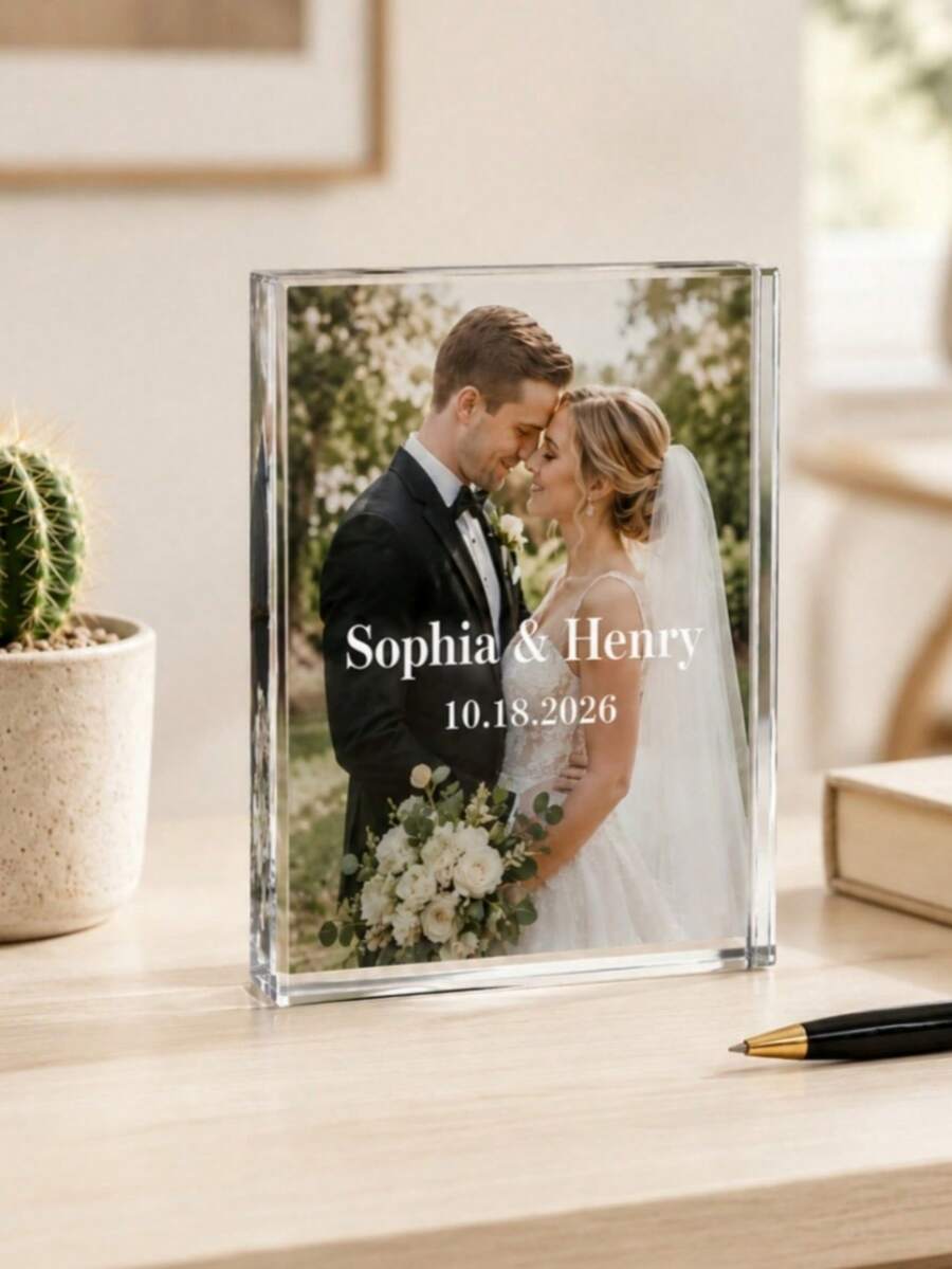 Customized Photo Acrylic Plaque, Personalized Wedding Acrylic Brick Gift For Bride And Groom, Custom Name Date Engraved Home Decor Keepsake Ornament - Multicolor - View 1