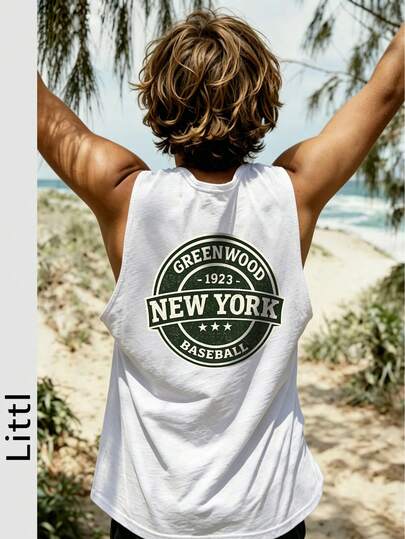 Boys Vintage New York Baseball Back Print Tank Top, Summer Round Neck Sleeveless Vest