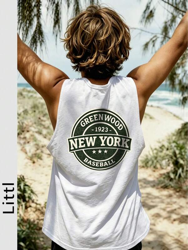 Boys Vintage New York Baseball Back Print Tank Top, Summer Round Neck Sleeveless Vest
