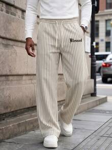 Men's Letter Print Casual Pants, Summer Striped Loose Drape Lazy Wide Leg Long Trousers - Light Grey - View 2