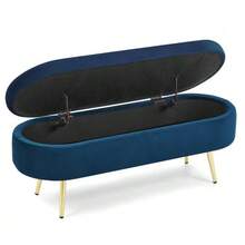 Multifunctional Storage Bench, Soft Chenille Fabric, Wooden Legs, Solid Wood Frame, 20L Storage Space, 110x40x42cm, For Bedroom, Living Room, Shoe Bench, Hallway - 寶藍色 - 查看 11
