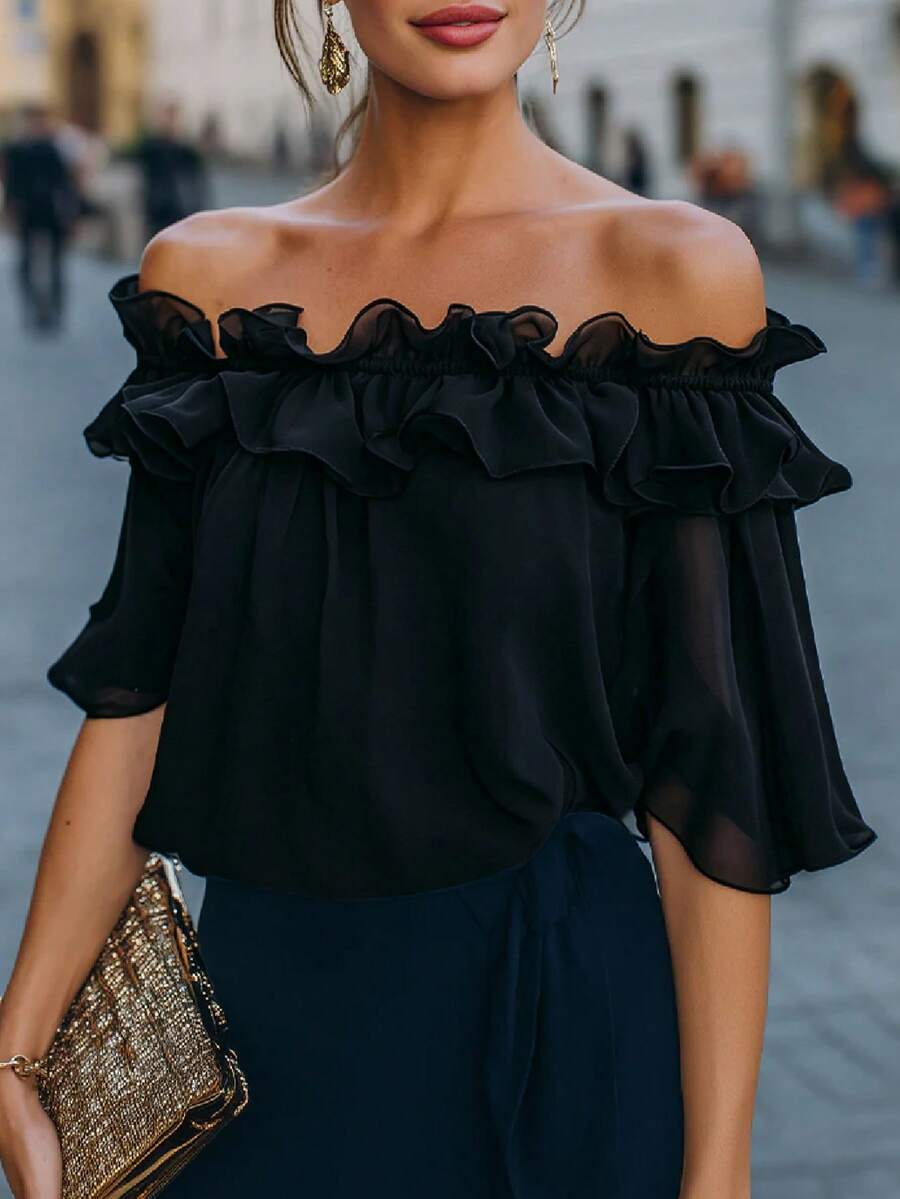 2026 New Off-Shoulder Top, Navy Blue Shirt, Ruffle Top, Double Layer Ruffle, Dark Blue Solid Color, Midnight Blue, Plus Size Friendly Black Summer