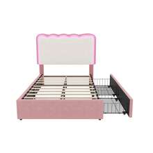 Flieks 3ft Single Upholstered Bed Frame With Adjustable LED Wavy Headboard, 2 Storage Drawers, Pink & Cream White - Pink - View 10