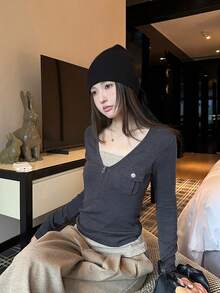 Women's Long Sleeve T-Shirt, Spring/Autumn New Style, Zipper Slim Fit Base Layer, 2 In 1 Top Casual - Dark Grey - View 2