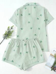 2件組舒適條紋蝴蝶結領短袖上衣與蝴蝶結短褲 春夏女款睡衣套裝 - 綠色 - 查看 2