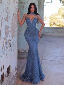 Women's Strapless Sequin Evening Gown, Slim Fit, With Shoulder Chain Wedding Party Fall - Dusty Blue - View 3