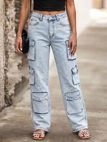 Women's Casual Daily Travel Utility Denim Jeans With Pocket And Button - Light Blue - View 4