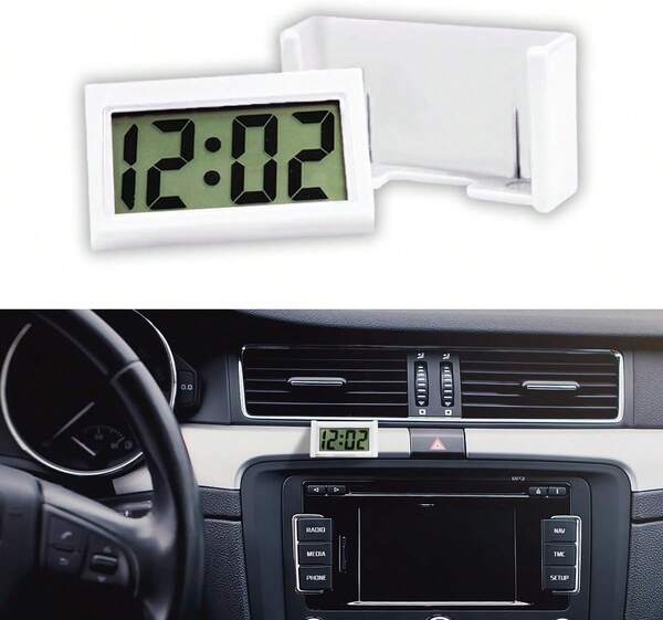 JOYCOURT Pequeño Reloj Electrónico de Tablero para Coche, Reloj Electrónico Mini Autoadhesivo para Coche, Accesorios Simples para Coche con Pantalla LCD, Reloj Digital de Pantalla para Hogar con Soporte para Coche, Oficina (Blanco)