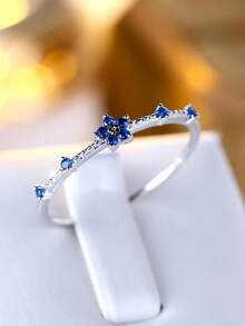 1pc Unique Petite Silver-Tone Blue Flower Ring, Birthday Gift For Women & Girls, Date/Party Jewelry Valentines - Silver - View 10