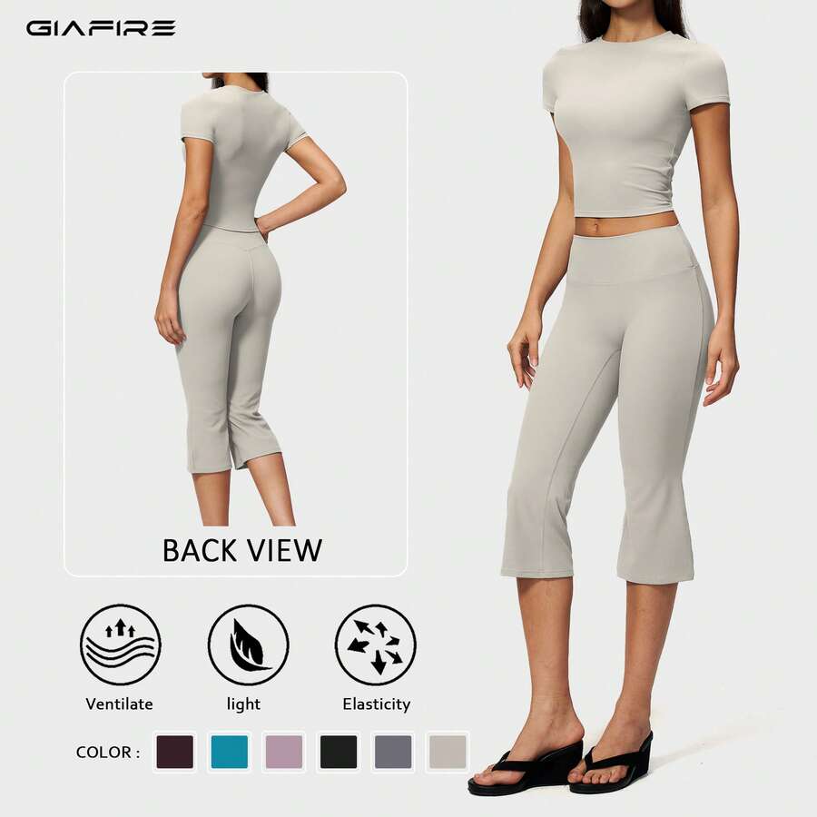 GIAFIRE 女款緊身高彈力短版上衣與 7/8 長褲套裝,時尚短袖兩件式套裝,優雅風格 - 淺灰色 - 查看 1