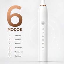 Escova de dentes elétrica ultrassônica, seis modos de velocidade, cabelo macio, carregamento usb, à prova d'água, limpador de dentes adulto, conjunto automático para casal - Branco - Visão 7