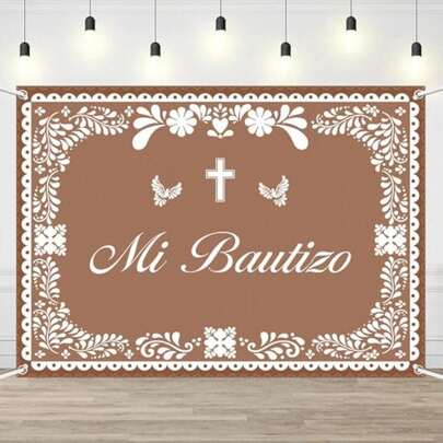 1pc 2D Flat Tapestry, Mi Bautizo Backdrop Bronw Mexican Baptism Party Decorations God Bless First Holy Photography Background,Multiple Sizes Available 160*70in, 80*60in, Tapestry, Party Decoration, Home Decoration,  Garage
