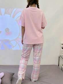 Conjunto de camiseta de manga corta y pantalones largos de verano para adolescentes, cuello redondo, estampado de conejo de dibujos animados - Rosa - Ver 6