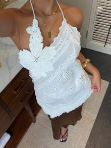 DEEKA Nuevo Top de Verano para Mujer Estilo Europeo & Americano Diseño Sexy Versátil Cuello Halter Bordado Floral Asimétrico Blanco - Blanco - Ver 5
