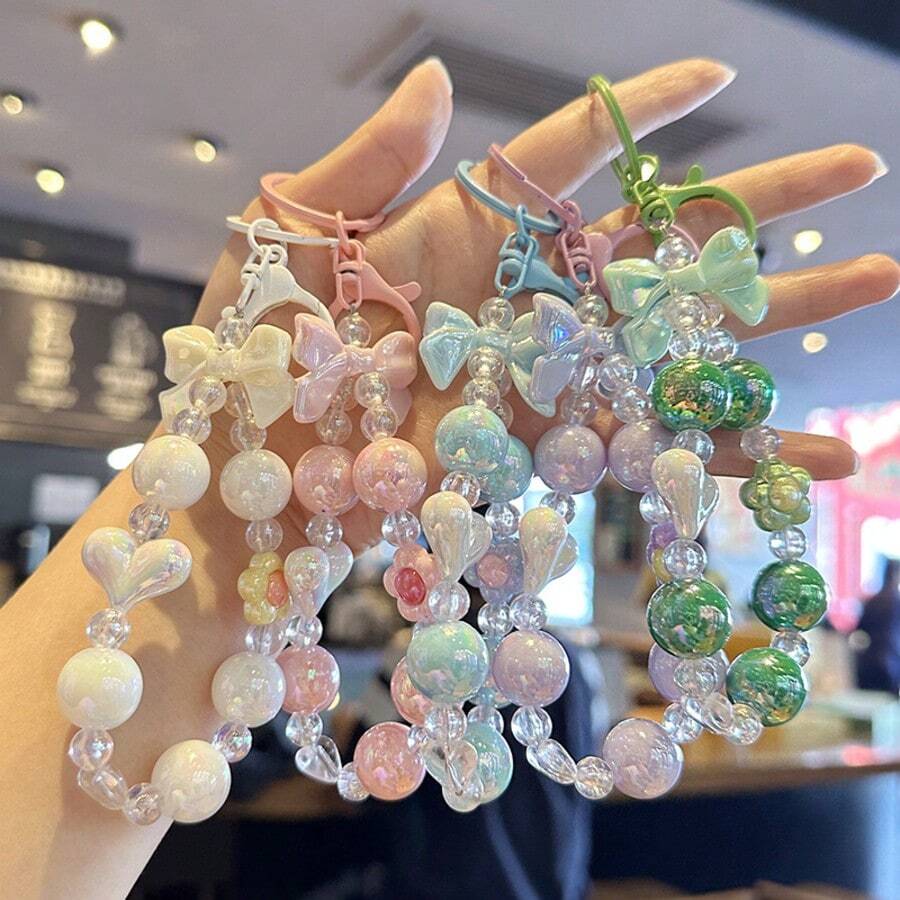 Sweet Bow & Heart Beaded Phone Chain, Multi-Color Dreamy Transparent Bead Wrist Strap, Detachable Phone Charm, Suitable For Phone Case & Bag Decoration, Sold Individually - Multicolor - View 1