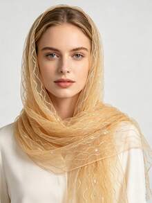 1pc Solid Color Casual Polyester Gold Thread Wavy Sequin Mesh Headscarf Women Lightweight Sheer Long Scarf For Banquet Party Decoration Headwrap Shawl - Red - View 1