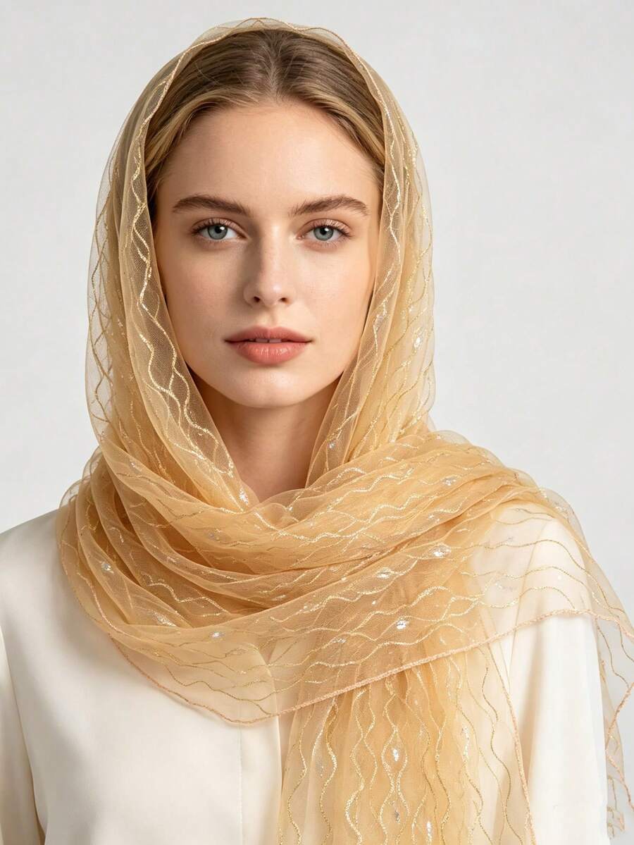 1pc Solid Color Casual Polyester Gold Thread Wavy Sequin Mesh Headscarf Women Lightweight Sheer Long Scarf For Banquet Party Decoration Headwrap Shawl - Red - View 1