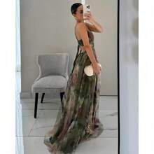Robe En Maille Imprimée Avec écharpe Robe De Vacances Décontractée - 軍綠色 - 查看 2