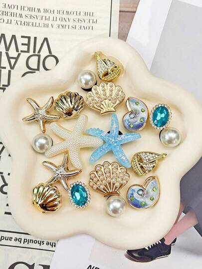 18pcs Blue Starfish & Gold Shell Charms, DIY Shoe Decorations For Clogs With Holes, Summer Beach Essential