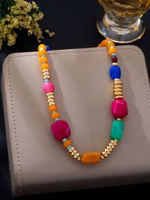 1pc Minimalist Elegant Candy Color Beaded Necklace, Niche Design Versatile Rainbow Color Palette Collarbone Chain, Fashion Dopamine Rice Grain Necklace For Women Daily Wear - Multicolor - View 1