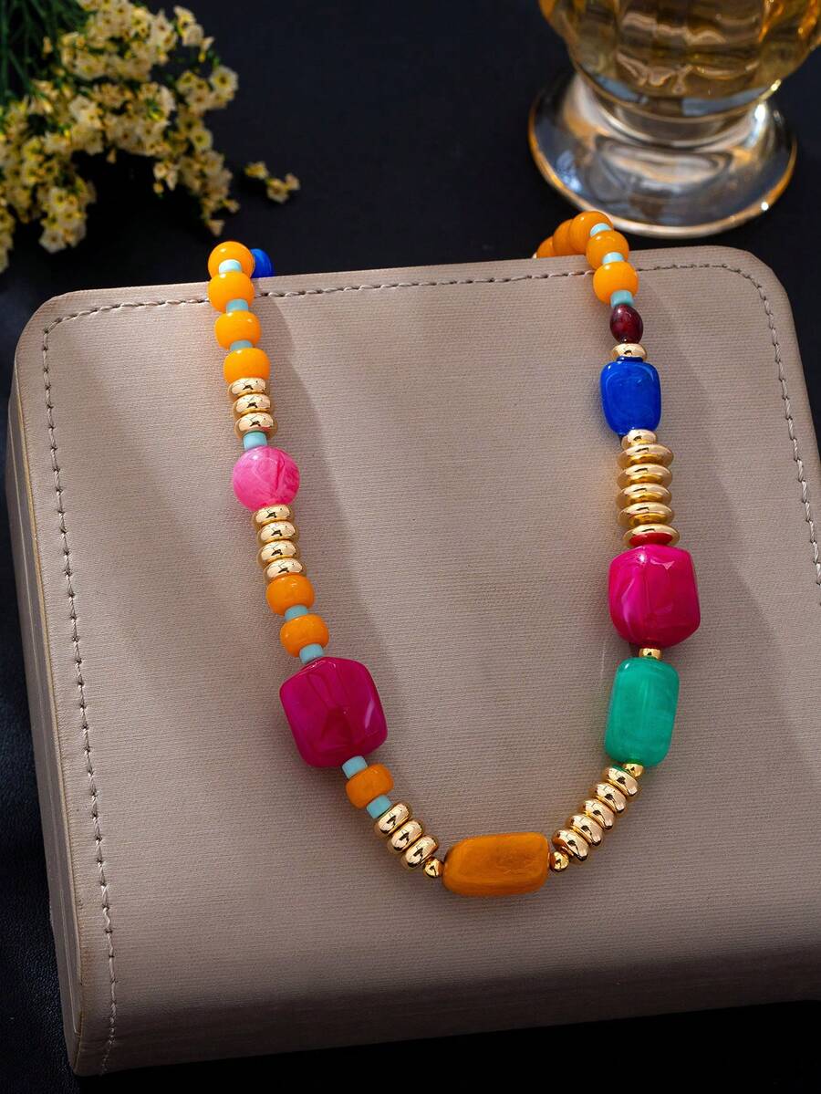 1pc Minimalist Elegant Candy Color Beaded Necklace, Niche Design Versatile Rainbow Color Palette Collarbone Chain, Fashion Dopamine Rice Grain Necklace For Women Daily Wear - Multicolor - View 1