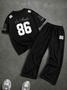 Fractyr Men's Street Casual 2 Pieces Set, Black Loose T-Shirt With LA Calligraphy '86' Sleeve Print + Drawstring Waist Pants, Retro Sporty Style - Black - View 2