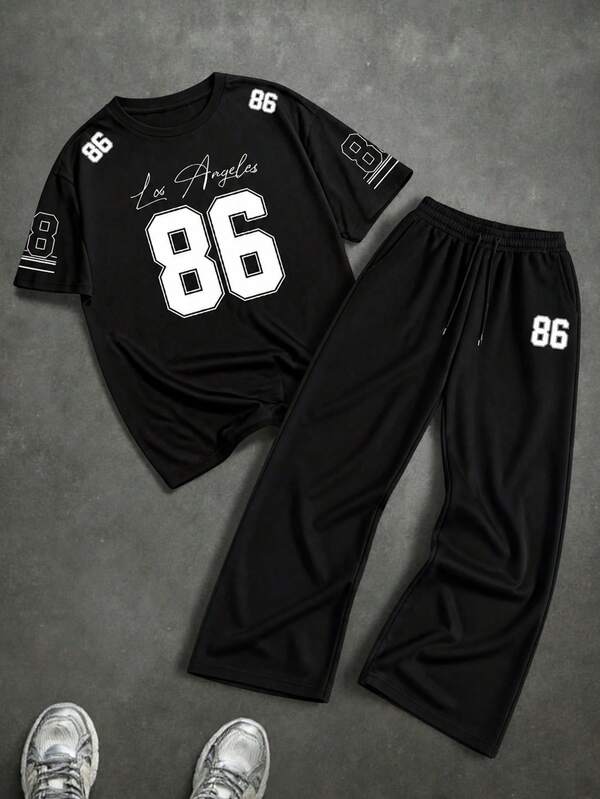 Fractyr Men's High Street Casual Set, Black Loose College Style Handwritten Los Angeles Script Large Letter 86 Sleeve Print Short Sleeve T-Shirt + Drawstring Elastic Waist Long Pants 2-Piece Set, Daily Vintage Sport Streetwear