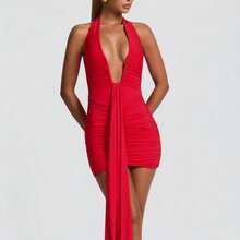 Elegant Vacation Style Backless Neck Wrap Dress - 短版紅色 - 查看 1