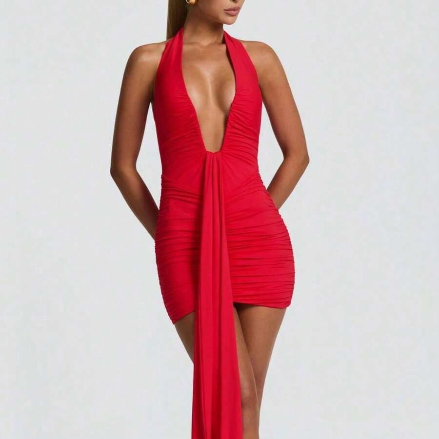 Elegant Vacation Style Backless Neck Wrap Dress - 短版紅色 - 查看 1