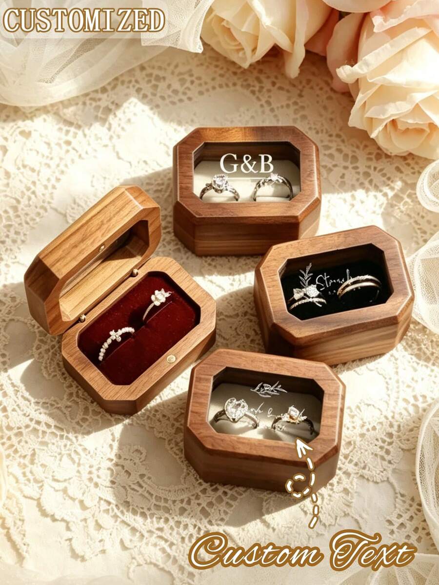 Customized Wooden Ring Bearer Box, Personalized Walnut Wedding Ring Box, Engraved Double Ring Box, Proposal Ring Holder - Multicolor - View 1