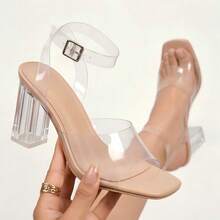 Women's Transparent Crystal Thick Heel High-Heeled Sandals, Elegant And Fashionable Style, Suitable For Daily Life, Banquets, Dances, Parties - 杏色 - 查看 1