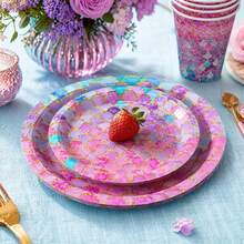 73/25/16pcs Mermaid Gold Foil Scale Disposable Plates, Napkins, Cups Set, Party Supplies For 16 Guests, Disposable Paper Plates Party Tableware Suitable For Birthday, Wedding, Party, Family Picnic - Pink - View 4