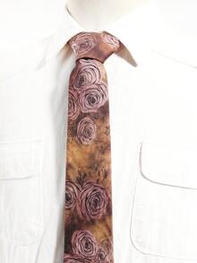 1pc Brown Tone Oil Painting Rose Print Tie - Rust Brown - View 1