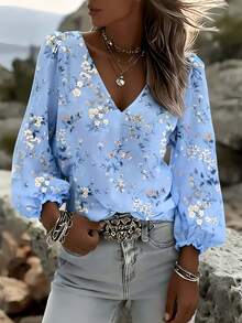 1pc Women's Vintage Western Style Elegant Casual V-Neck Long Sleeve Polyester Ditsy Floral Blouse, Bohemian Lantern Sleeve Design Simple Comfortable Machine Washable, Suitable For Spring Summer Autumn Home Daily Wear Vacation Travel - Blue Flowers - View 2