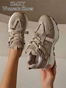 2026 New Women's Sports Shoes Thick Sole Chunky Heel Sneakers Spring/Summer Height Increasing Black & White Colorway Breathable Mesh Patchwork - Khaki - View 1