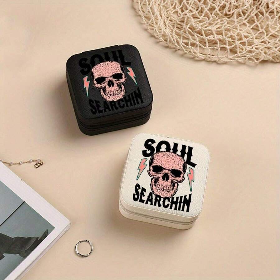 Skull Jewelry Storage Box With SOUL SEARCHIN Text - Black PU Leather Zipper Pouch, Compact Portable Travel Jewelry Organizer With Built-In Ring, Necklace, Earring Compartments - Gothic Style Vanity Box, Unisex, Jewelry Organizer, Jewelry Storage Box, Ring Box, Jewelry Storage Case - Multicolor - View 1