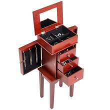 Standing Jewelry Chest 10.6" X 8.5" X 33.8" For Bedroom Dressing Room Living Room, Flip Top Mirror 3 Drawers, 4 Storage Compartments Zinc Alloy Handles 6 Necklace Hooks Wood Grain Finish 2 Side Doors-XY212648 - Multicolor - View 7