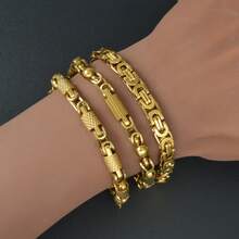 Pulsera de acero inoxidable de 22cm con textura chapada en oro de 18K estilo retro clásico, unisex, adecuada para uso diario y fiestas, joyería cool de hip-hop y punk - Dorado - Ver 2
