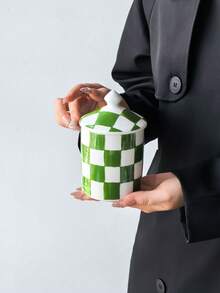 1pc Hand-Painted Checkered Ceramic Storage Jar With Lid, Multi-Color Grid Airtight Container For Kitchen Coffee, Sugar, Tea Storage, Bathroom Vanity Decor - Multicolor - View 17