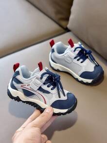 1 paire de chaussures fonctionnelles pour bébé vintage blocs de couleurs, chaussures de sport décontractées d'extérieur pour enfants à semelle souple et durable - Bleu azur - Voir 3