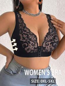 Plus Size Women Lace Patchwork Wireless Bra, Breathable Non-Slip Supportive Seamless Everyday Bra - Black - View 3