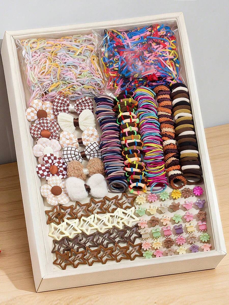 5/12/100/831pcs Multi-Color Value Hair Accessories Set For Kids, Beautiful Bows And Flower Hair Clips, Various Braided Hair Ties And Rubber Bands For Kids Daily Wear, Outings Or Parties - Multicolor - View 1