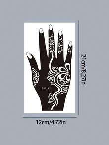 8件組 Mehndi 漢娜紋身模板套裝，傳統花卉圖案 Mehndi 模板，可重複使用手部紋身貼紙，適用於節日、海灘派對 DIY 裝飾 - 黑色 - 查看 11